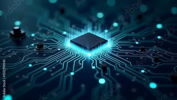 Obraz Glowing Microchip Powering a Circuit Board with Electrical Current Flow