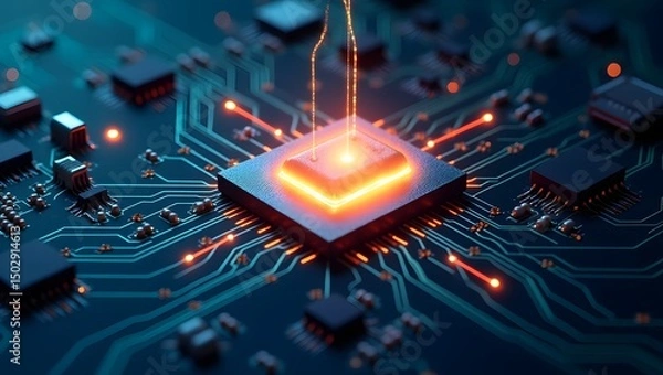 Obraz Glowing Microchip Powering a Circuit Board with Electrical Current Flow