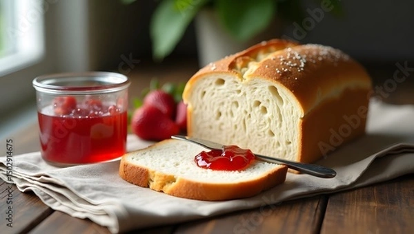 Obraz Freshly Baked Bread with Strawberry Jam on Rustic Wooden Table