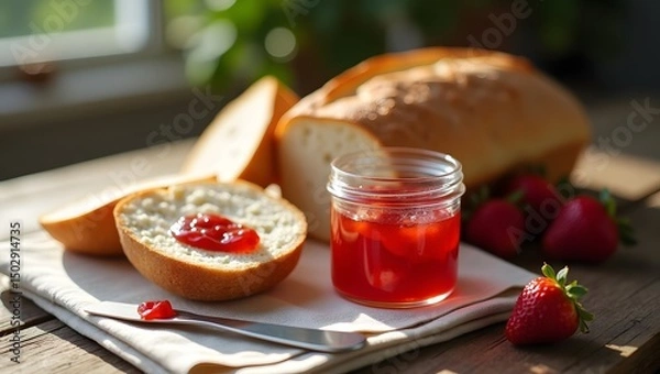 Obraz Freshly toasted bread topped with a thick layer of rich, ruby-red strawberry jam, ready to be enjoyed.  