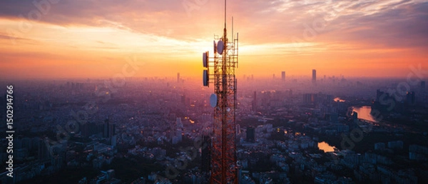 Fototapeta Cityscape with communication tower on sunset background. Suitable for articles about city life, technology and architecture.