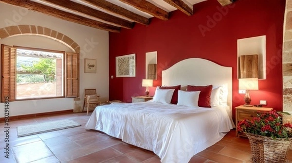 Obraz Burgundy and white bedding complement a red accent wall. Wood beams and an archway