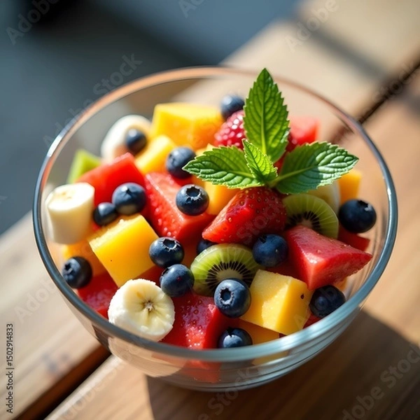Obraz A vibrant bowl filled with assorted fruits like berries and melons, garnished with a fresh green mint leaf on top.  