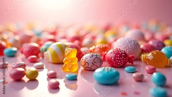 Obraz A delightful mix of bright candies on a pink backdrop, showcasing a variety of shapes and colors for a fun visual treat.  
