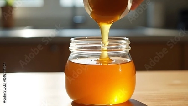 Obraz A hand tilts a jar, pouring thick honey into a waiting glass jar, glistening in the light.