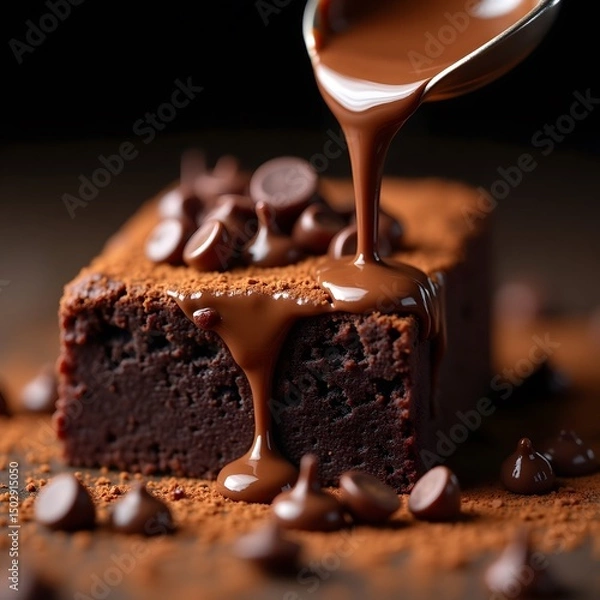 Obraz A rich chocolate brownie drizzled with glossy chocolate sauce, creating a decadent dessert scene.  