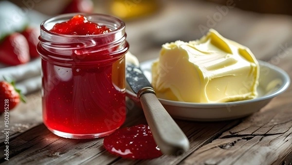 Obraz A close-up of rich strawberry jam and a dollop of soft butter, ready to enhance fresh bread or toast.  