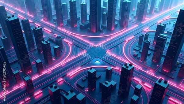 Obraz A stylized city filled with glowing neon lights, showcasing an energetic and modern urban environment.