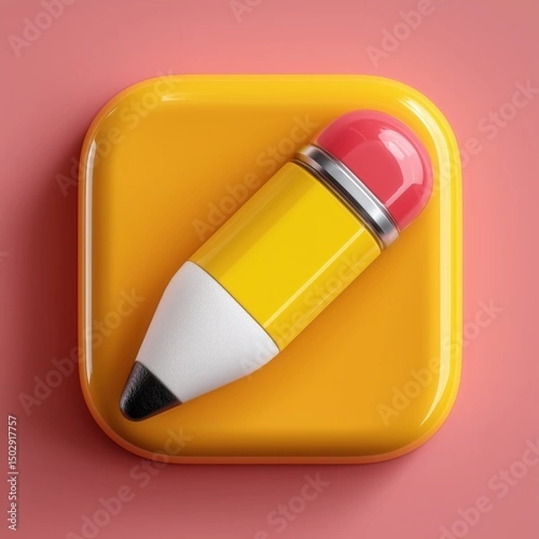 Fototapeta 3D Rendering 3D illustration of a yellow pencil icon on a vibrant background. Sosial media style icon