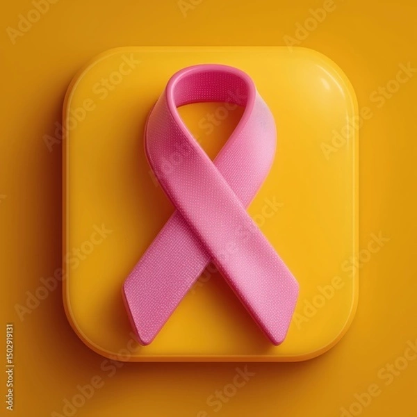 Fototapeta 3D Rendering Pink ribbon symbol on a vibrant yellow background, representing awareness and support for various causes. Sosial media style icon