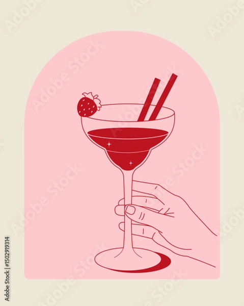 Fototapeta Minimalist illustration of a female hand holding a cocktail with a strawberry and straws in a pink palette. Perfect for summer, party, and bar-themed designs.