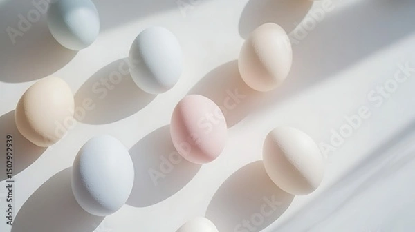 Fototapeta Floral Easter frame with mimosas and painted eggs on the white background. Top view. Copy space