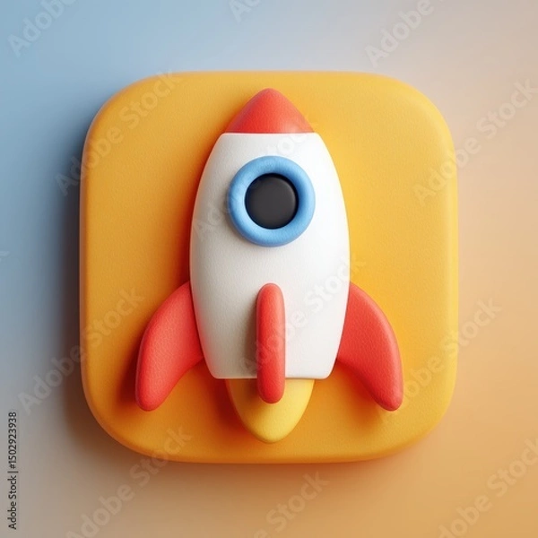 Fototapeta 3D Rendering Colorful rocket icon on a vibrant background, symbolizing innovation and exploration. Sosial media style icon