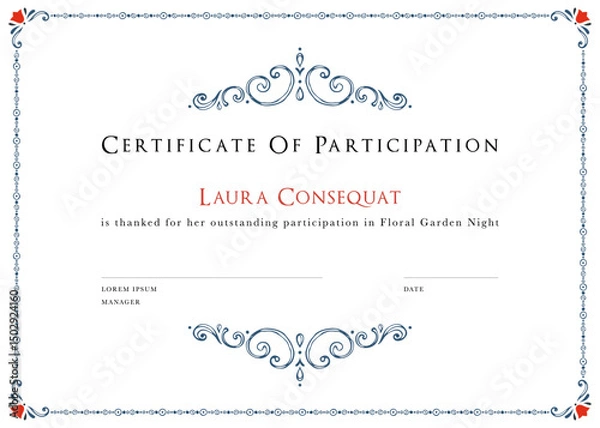 Obraz Certificate and ornate frame template. Hand drawn scroll design. For invitation, flyer, poster, cover, business card, banner, email header, post in social networks, advertising. 