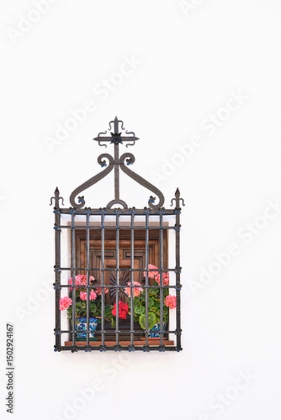 Fototapeta Traditional Spanish Window with Flower Pots on White Wall