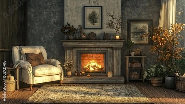 Obraz Living Room with Fireplace: A chic living room design featuring a stylish armchair, a cozy fireplace, and raw, textured decor, ideal for showcasing mockups