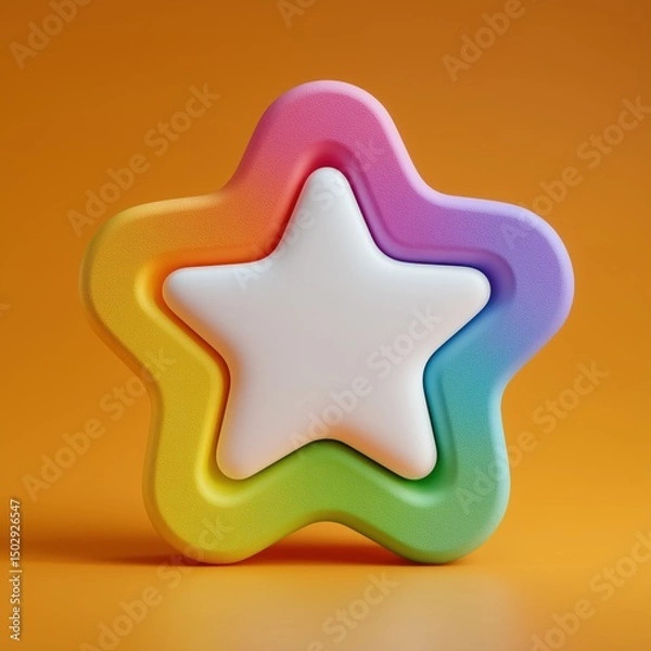 Fototapeta 3D Rendering Colorful star-shaped object with a smooth, glossy surface against a vibrant orange background. Sosial media style icon