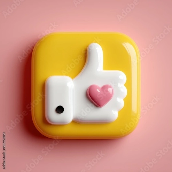Fototapeta 3D Rendering 3D thumbs-up icon with a heart on a yellow background, symbolizing positivity and approval. Sosial media style icon