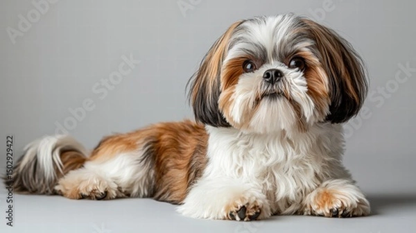 Fototapeta Adorable small Shih Tzu dog lying on a smooth gray surface with fluffy long hair and cute expressive eyes, isolated indoor portrait of a pet in a domestic setting