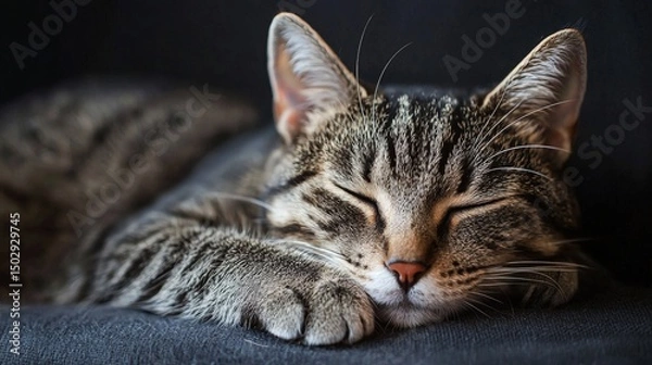 Fototapeta Close-up of a Relaxed Tabby Cat Sleeping Peacefully with Eyes Closed and Forepaw Resting on Soft Surface Featu Detailed Fur and Calm Expression