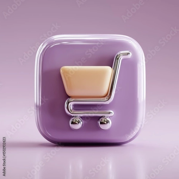 Fototapeta 3D Rendering Shopping cart icon with a glossy finish on a purple background. Sosial media style icon