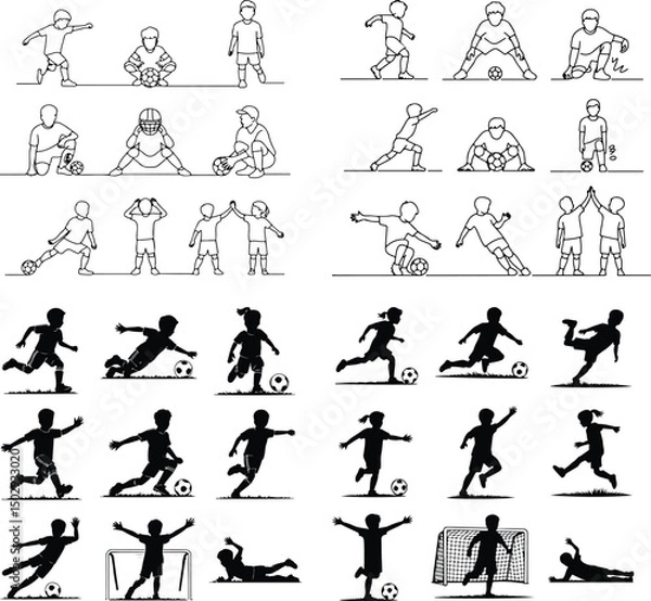 Fototapeta Kids Playing Football Silhouette Set – Soccer Boys & Girls Vector Pack Children Football Silhouettes – Fun Outdoor Sports Activity Graphic Set