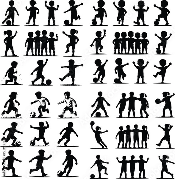 Fototapeta Kids Playing Football Silhouette Set – Soccer Boys & Girls Vector Pack Children Football Silhouettes – Fun Outdoor Sports Activity Graphic Set
