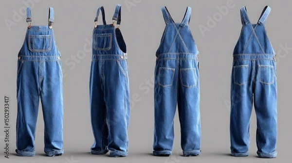 Fototapeta blank blue denim overalls mockup front side and back views, workwear and casual fashion templates
