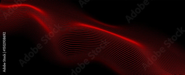 Fototapeta Abstract red wave lines on black background with flowing, futuristic motion effect, perfect for tech, music, or digital backgrounds.