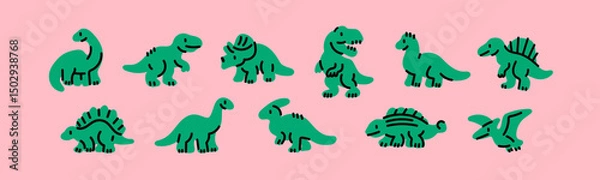Fototapeta Various little Dinosaur set. Cute dino characters. Hand drawn Vector illustration. Print, poster, nursery, kids apparel, baby party invitation, card, child clothes design template. Isolated elements