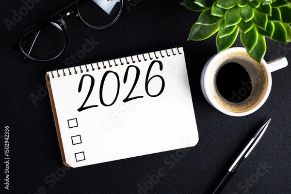 Fototapeta 2026 New year resolutions on desk. 2026 goals list with notebook, coffee cup, plant on black table. Resolutions, plan, goals, action, checklist, idea concept. New Year 2026 resolutions. Copy space