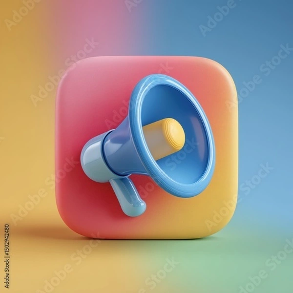 Fototapeta 3D Rendering Colorful megaphone icon representing communication and engagement in digital media. Sosial media style icon