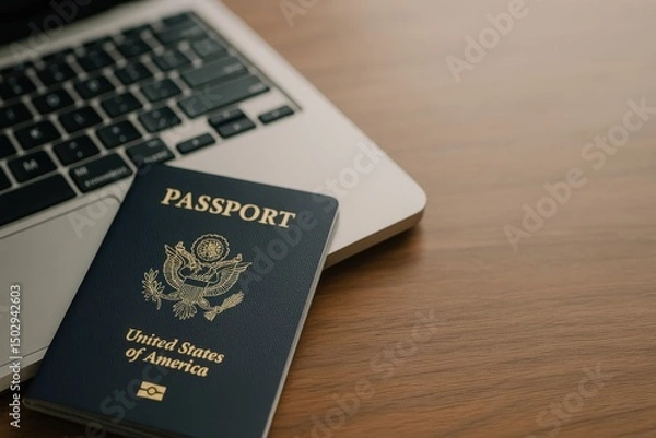 Obraz Close-Up of United States Passport on Wooden Table Next to Laptop with Keyboard Visible