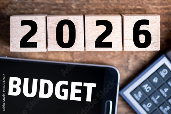 Fototapeta Budget 2026 new year on wooden blocks and office business concept background. 2026 Budget planning and allocation concept concept. 2026 New year resolutions, goals