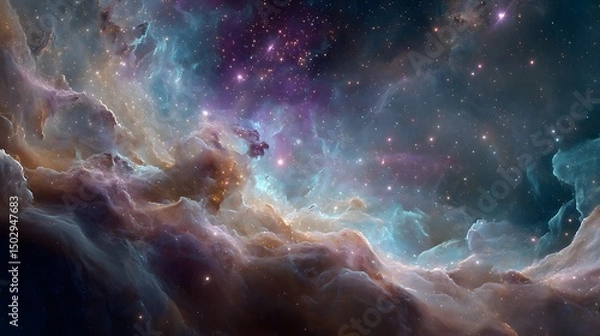 Fototapeta Cosmic Clouds: A colorful and beautiful scene of stardust and nebulas across the universe with shining lights.