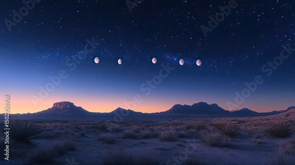 Fototapeta Celestial dance over vast desert landscape moon phases across a starlit sky at dawn with muted blue