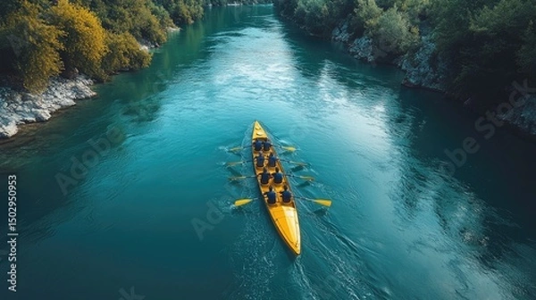 Fototapeta Team of rowers in a yellow boat gliding along a tranquil river surrounded by lush green trees and bright blue water