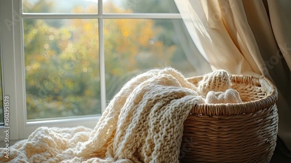 Fototapeta Cozy knit blankets draped artistically over a wicker basket near a sunlit window with autumn scenery outside