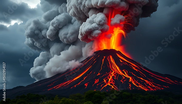 Fototapeta Volcanic eruption of Mount Fuji with smoke and lava in a snowy mountain landscape under a cloudy sky