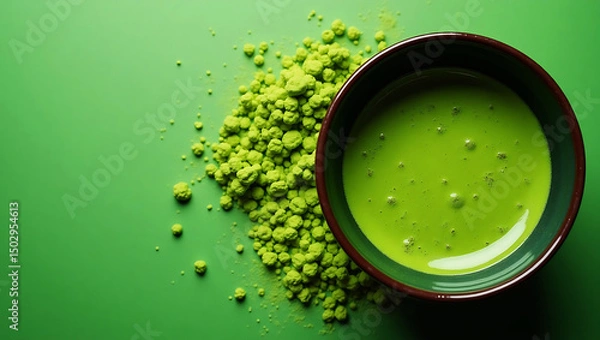 Obraz Minimalist Close-Up of Frothy Matcha Tea in Glossy Bowl on Vibrant Green Background
