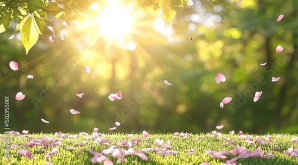 Fototapeta Spring blossoms falling on grassy meadow. Sunlight streams through leaves