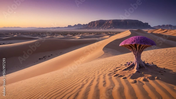 Obraz Surreal Purple Desert Landscape with Massive Sand Dunes, Bioluminescent Fungi, and a Distant Mysterious Monolith in a Sci-Fi Fantasy Alien World