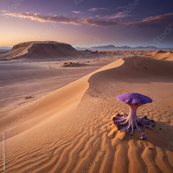 Obraz Surreal Purple Desert Landscape with Massive Sand Dunes, Bioluminescent Fungi, and a Distant Mysterious Monolith in a Sci-Fi Fantasy Alien World