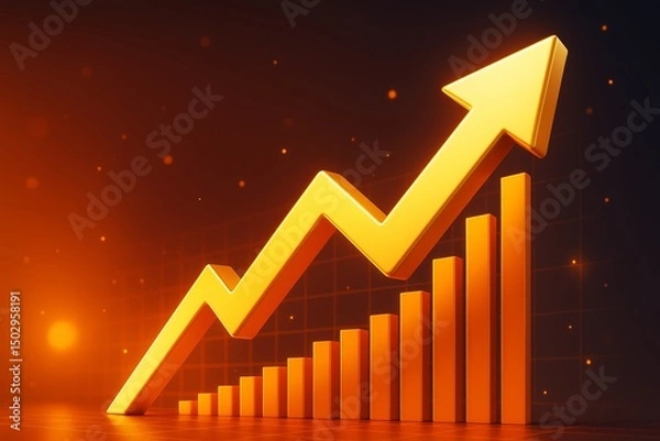 Fototapeta Bright yellow upward arrow and bar chart symbolizing business growth and success on glowing abstract orange background with light particles.