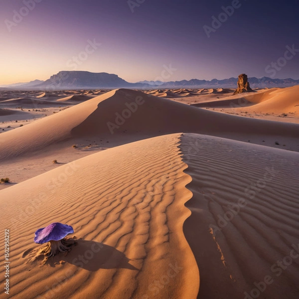 Obraz Surreal Purple Desert Landscape with Massive Sand Dunes, Bioluminescent Fungi, and a Distant Mysterious Monolith in a Sci-Fi Fantasy Alien World
