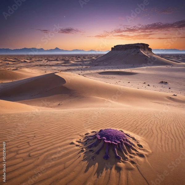 Obraz Surreal Purple Desert Landscape with Massive Sand Dunes, Bioluminescent Fungi, and a Distant Mysterious Monolith in a Sci-Fi Fantasy Alien World