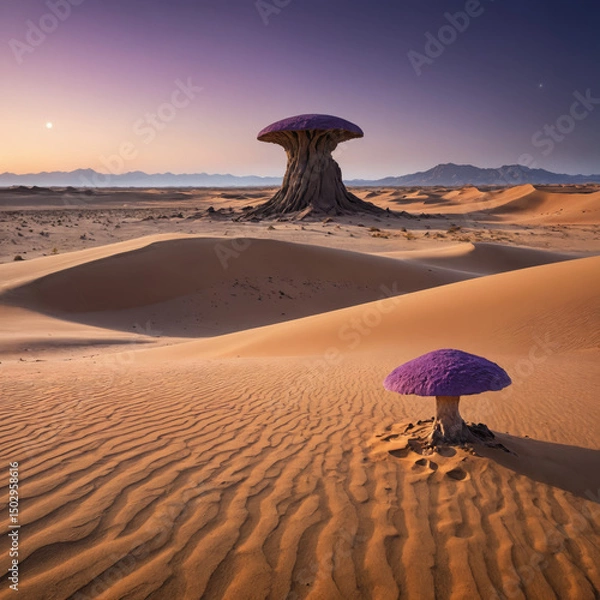 Obraz Surreal Purple Desert Landscape with Massive Sand Dunes, Bioluminescent Fungi, and a Distant Mysterious Monolith in a Sci-Fi Fantasy Alien World