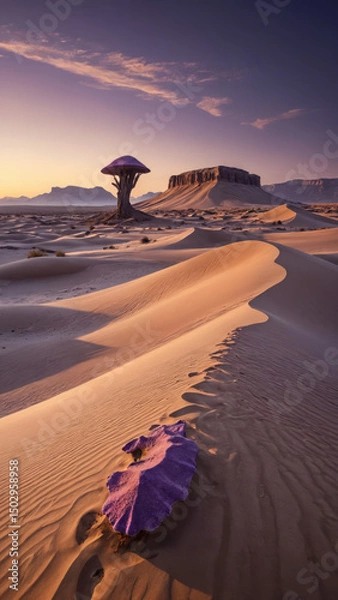 Obraz Surreal Purple Desert Landscape with Massive Sand Dunes, Bioluminescent Fungi, and a Distant Mysterious Monolith in a Sci-Fi Fantasy Alien World