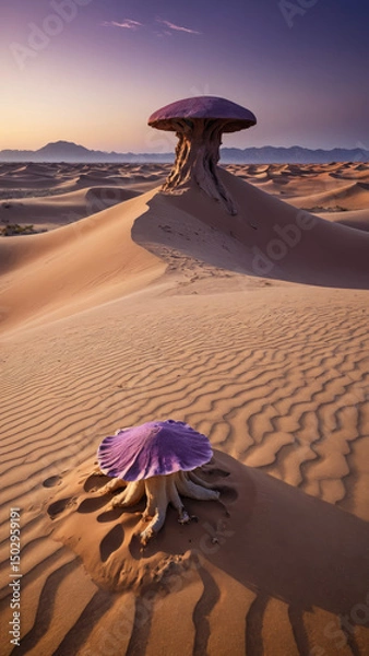 Obraz Surreal Purple Desert Landscape with Massive Sand Dunes, Bioluminescent Fungi, and a Distant Mysterious Monolith in a Sci-Fi Fantasy Alien World