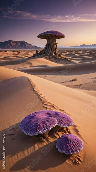 Obraz Surreal Purple Desert Landscape with Massive Sand Dunes, Bioluminescent Fungi, and a Distant Mysterious Monolith in a Sci-Fi Fantasy Alien World